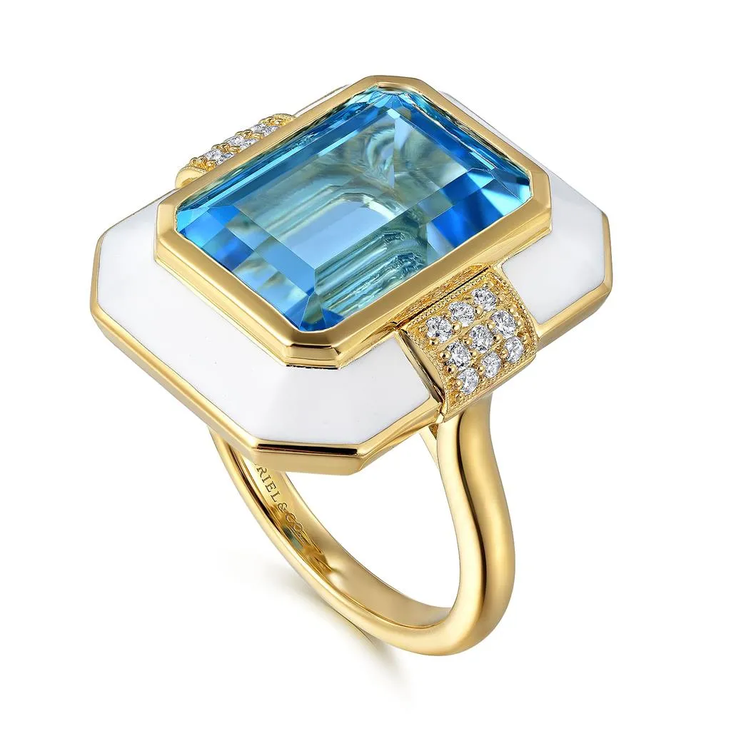 Gabriel & Co. 14K Yellow Gold Diamond and Emerald Cut Blue Topaz Fashion Ring