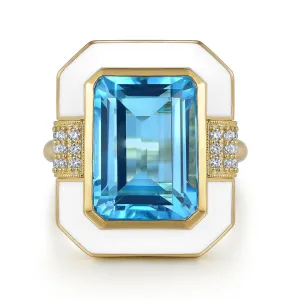 Gabriel & Co. 14K Yellow Gold Diamond and Emerald Cut Blue Topaz Fashion Ring