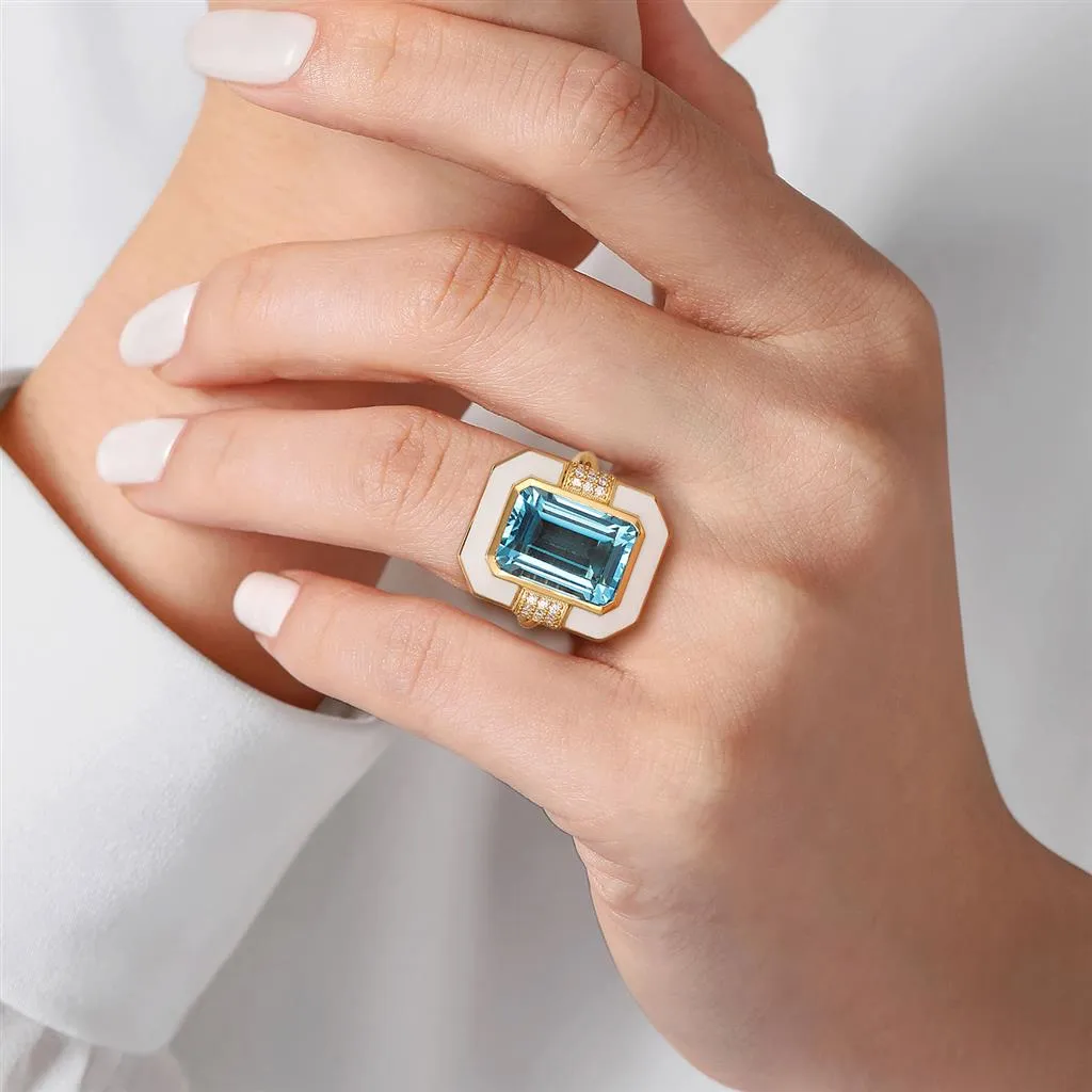 Gabriel & Co. 14K Yellow Gold Diamond and Emerald Cut Blue Topaz Fashion Ring