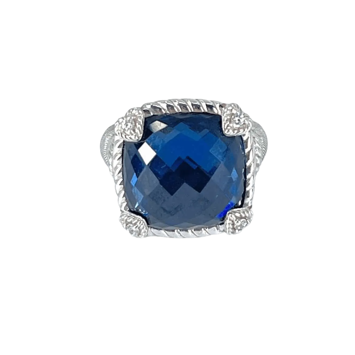 Judith Ripka Sterling Silver Woman's Ring with London Blue Topaz  & Diamonds - Size 7.5