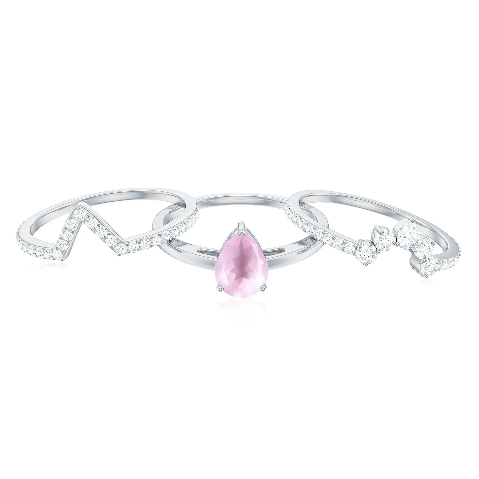 Pear Cut Rose Quartz Trio Wedding Ring Set with Moissanite