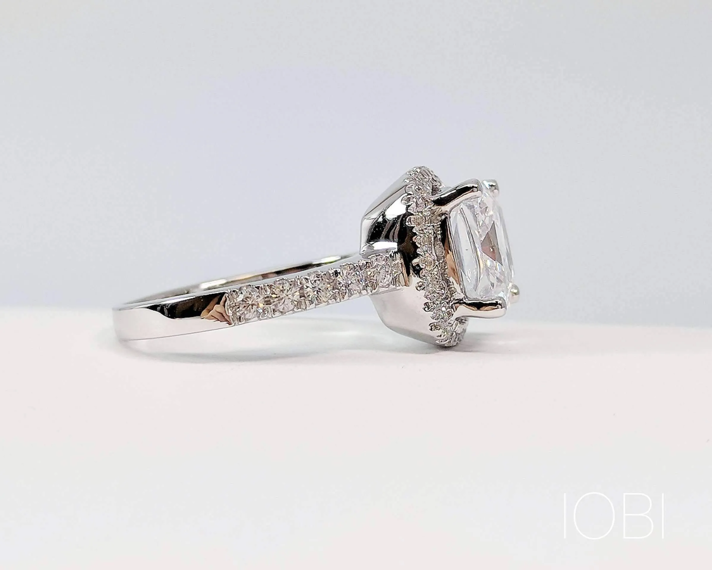 Regina 3CT Cushion Cut Halo IOBI Simulated Diamond Sterling Silver Platinum Plated Ring For Woman