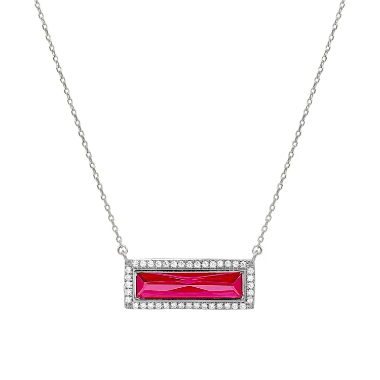 Rhodium Finish Sterling Silver Necklace with Rectangular Simulated Ruby Stone and Simulated Diamonds on 16" - 18" Chain