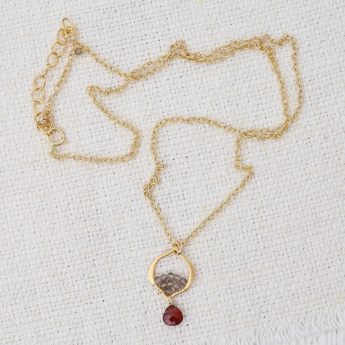 Tiny Arabesque Necklace with Garnet and Gray Moonstone